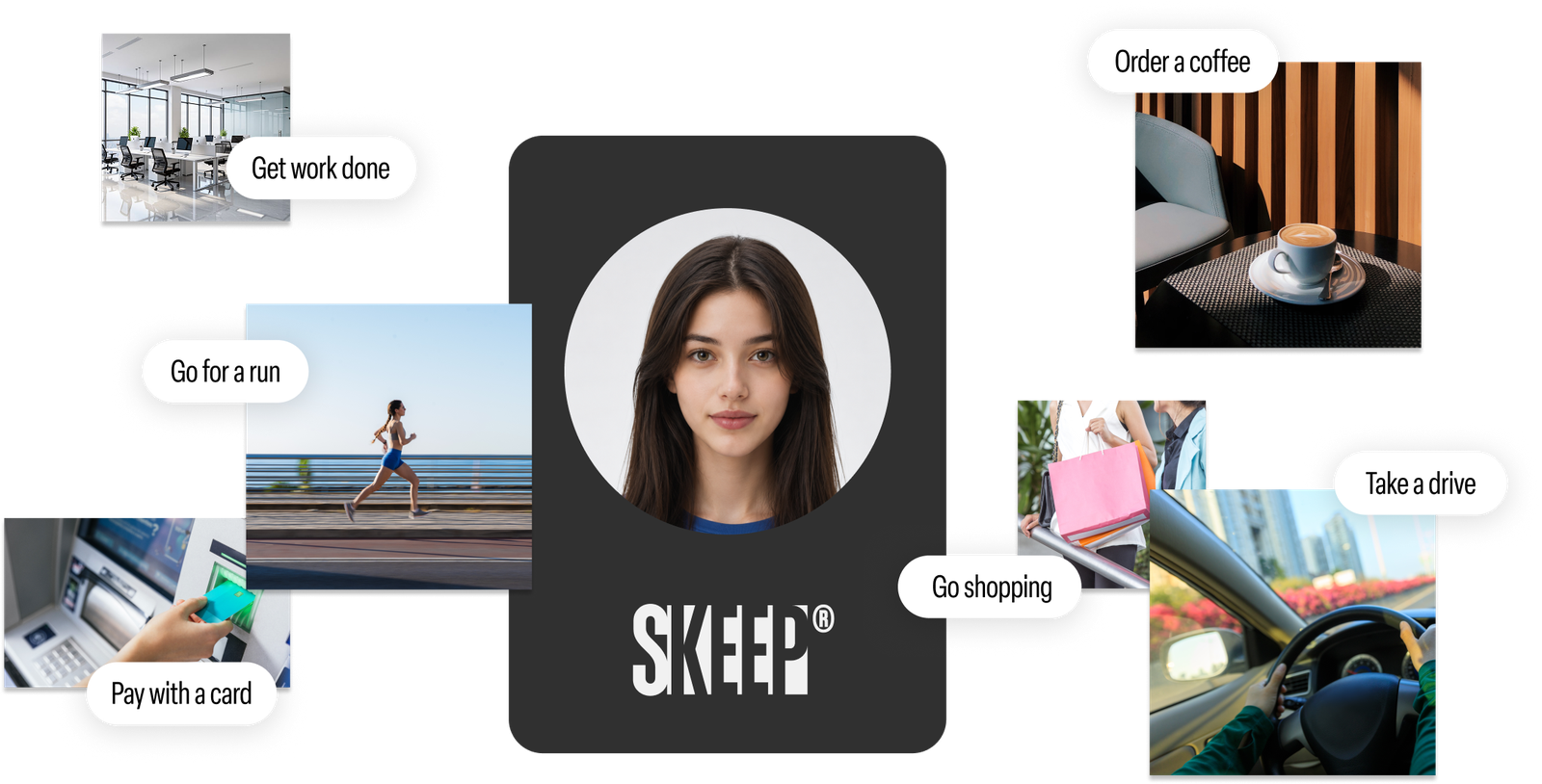 스킵으로 연결된 일상의 장면들 — 업무, 러닝, 결제, 커피, 쇼핑, 드라이브